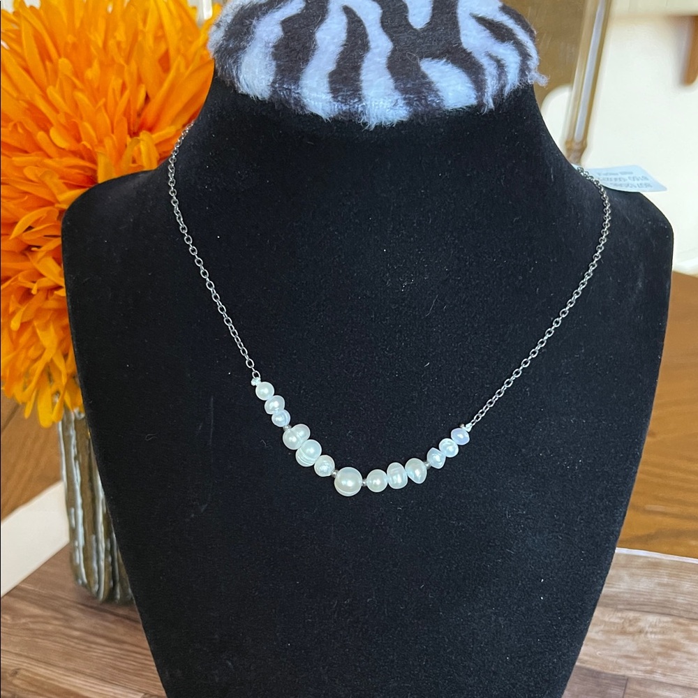 Free People Silver Chain Pearl Bead Necklace - White Pearls